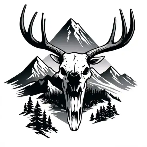 Elk Skull With Mountains