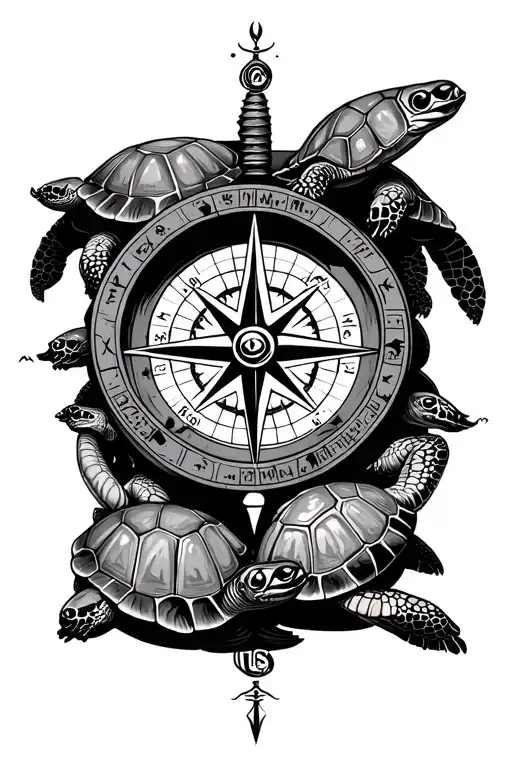 Compass Surrounded By Turtles