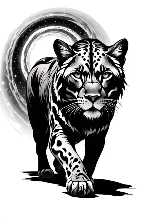 Regal Cougar Lioness Walking Towards And Emerging From A Spiral Nebula Portal