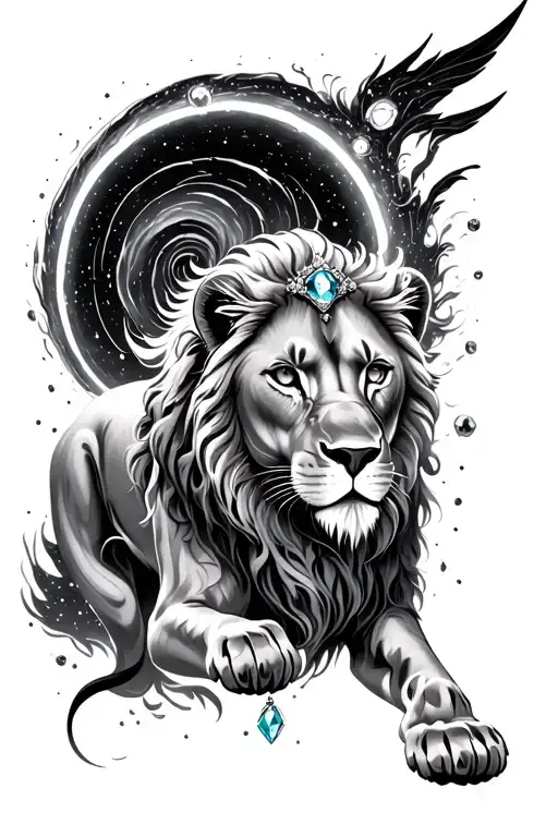 Regal Jeweled Female Lioness Walking Towards And Emerging From A Spiral Nebula Portal