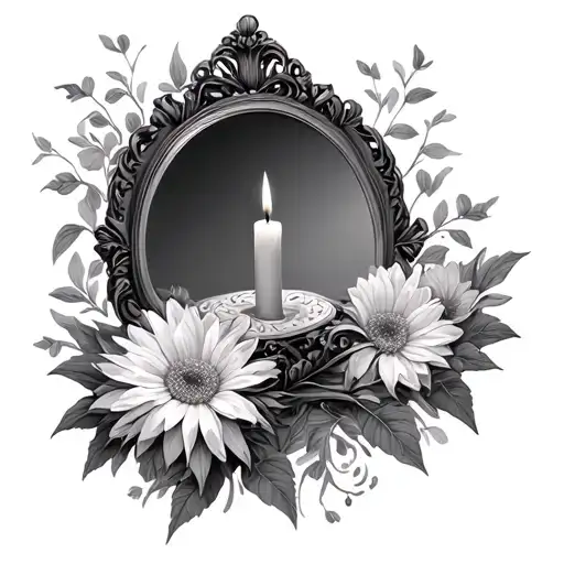 A Mirror With A Burning Candle Inside Of It And Crysanthemum Outside