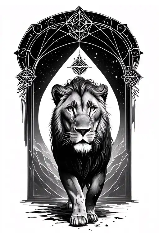 Regal Queen Female Lioness Walking Towards And Emerging From Sacred Geometry Galactic Portal