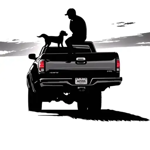 Silhouette Of A Man And Dog Sitting On The Tailgate Of A Truck In The Sunset