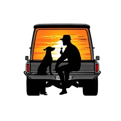 Silhouette Of A Man And Dog Sitting On The Tailgate Of A Truck In The Sunset