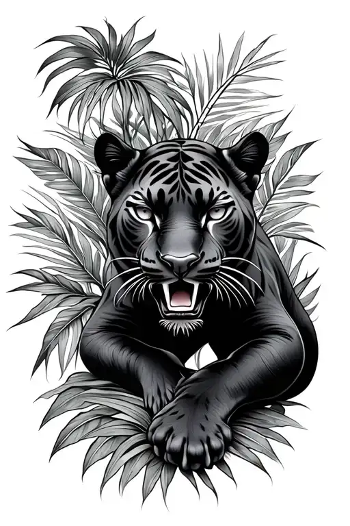 Traditional Crawling Panther With Tropical Plants Around It