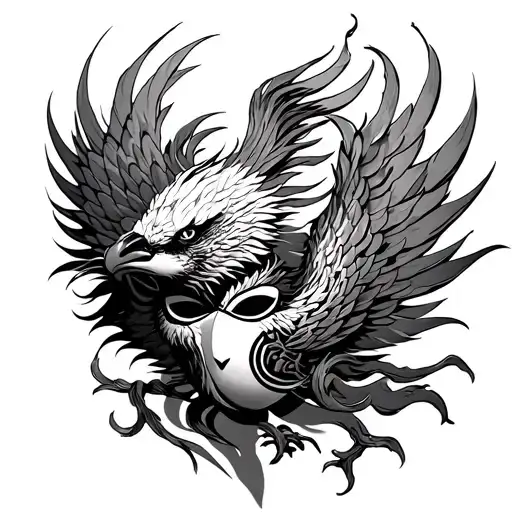 Japanese Phoenix Rising From Bushido Mask Surrounded