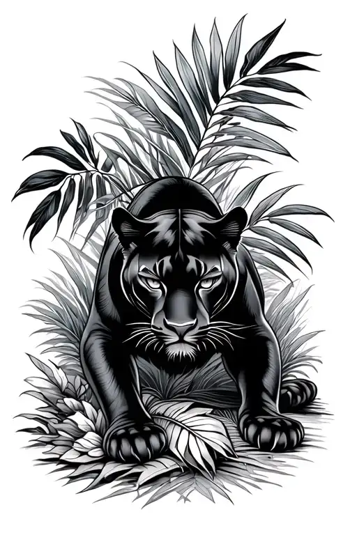 Traditional Black Panther Crawling Up With Tropical Plants Around It