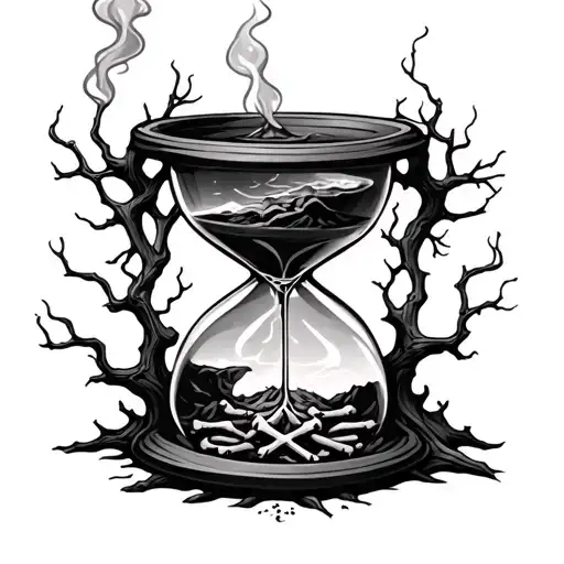 Hour Glass With A Tree Branches Smoking Leading To Ashes With Bones