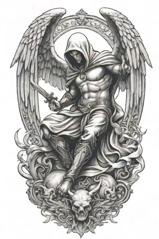 Hooded Arch Angel Defeating A Demon