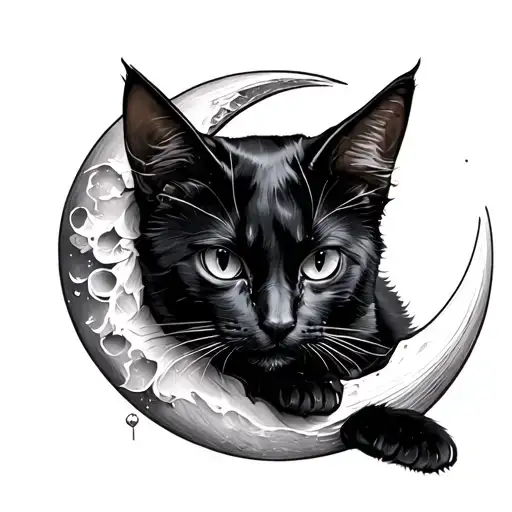 Black Cat On Crescent Moon Merging Together