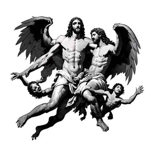 Jesus Fighting Satan With Little Demons And Angels Fighting