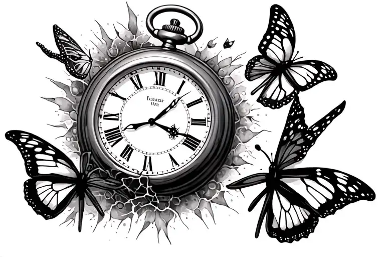 Broken Pocket Watch And 3 Butterflies Fluttering