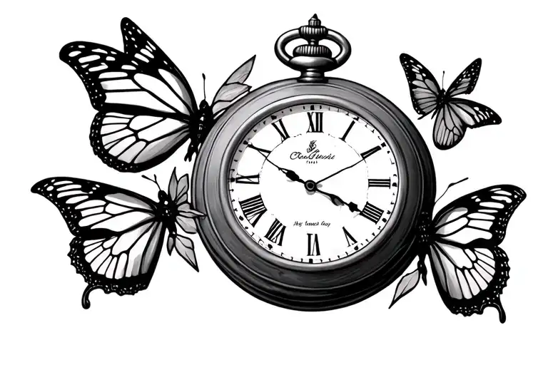 Broken Pocket Watch And 3 Butterflies