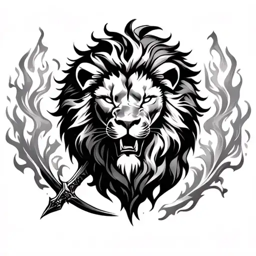 Fire Flower Lion Sword Aggressive And Bold Tatto