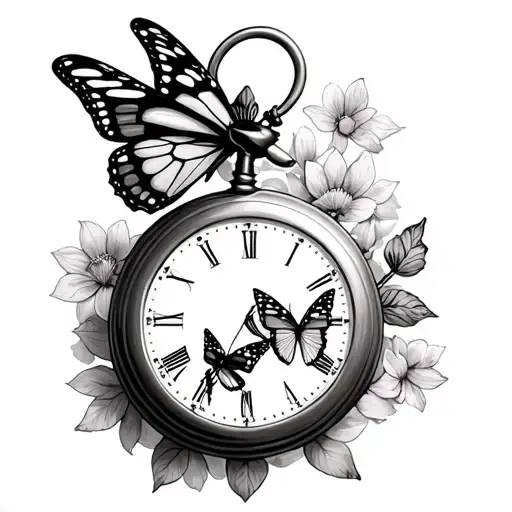 Pocket Watch And 3 Monarch Butterfly Resting