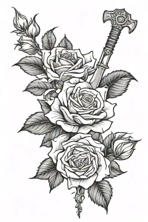 Half Sleeve Of A Rose Bush With Tags Around Each Rose And A Knife Down The Middle