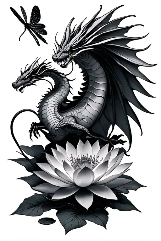 Dragon Flies And Lotus Flower With Dragon Flying