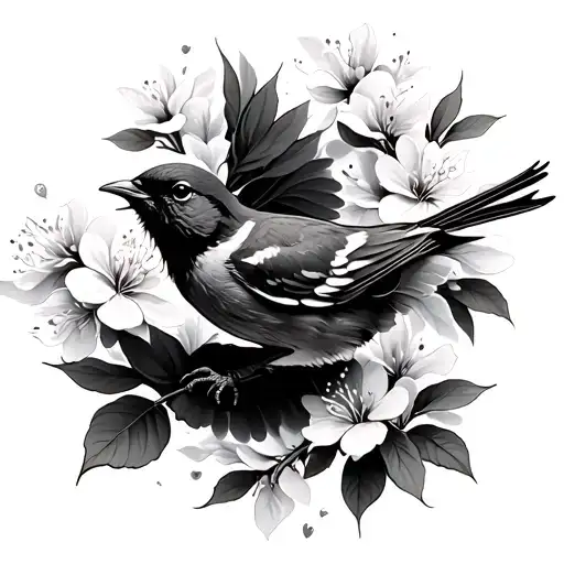 Sparrow Flying With Spring Of Dogwood Flowers