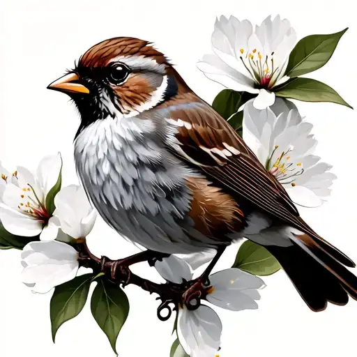 Sparrow In Flight With Spring Of Dogwood Flowers