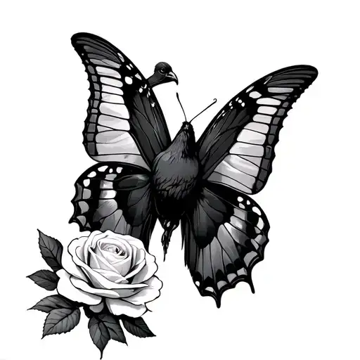 A Black Dove Holding A White Rose Above A Dead Monarch Butterfly