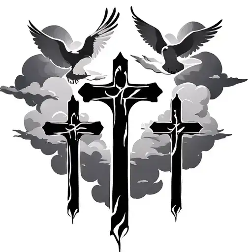 Three Crosses With Silhouette And 2 Doves In Clouds