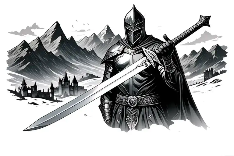 Black Knight Holding A Sword With Castle Overlooking Mountains