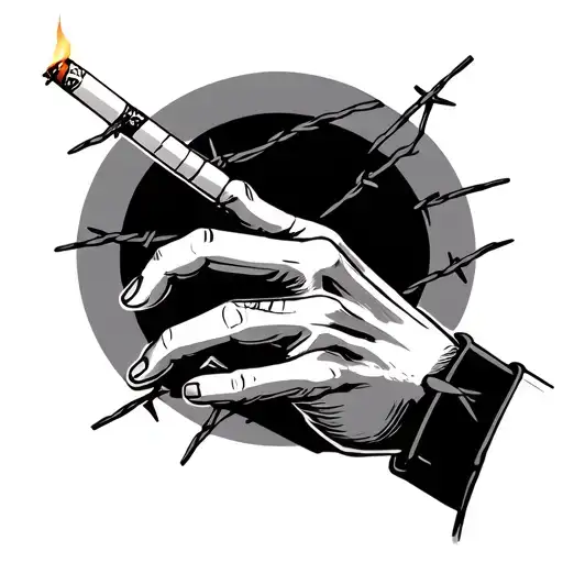 Skelton Hand Holding Lit Cigarette With Barbed Wire Up Hand