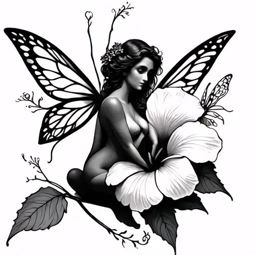 Fine Line Tattoo With Hibiscus Flower And Fairy Sitting On It