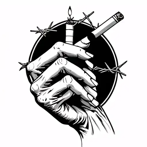 Skelton Hand Holding Lit Cigarette With Barbed Wire Up Hand