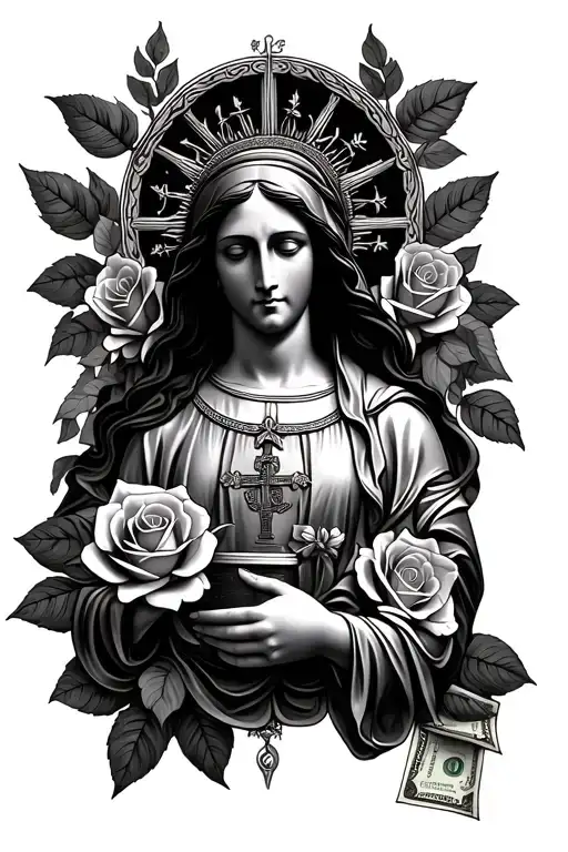San Judas Virgin Mary With Roses And Money