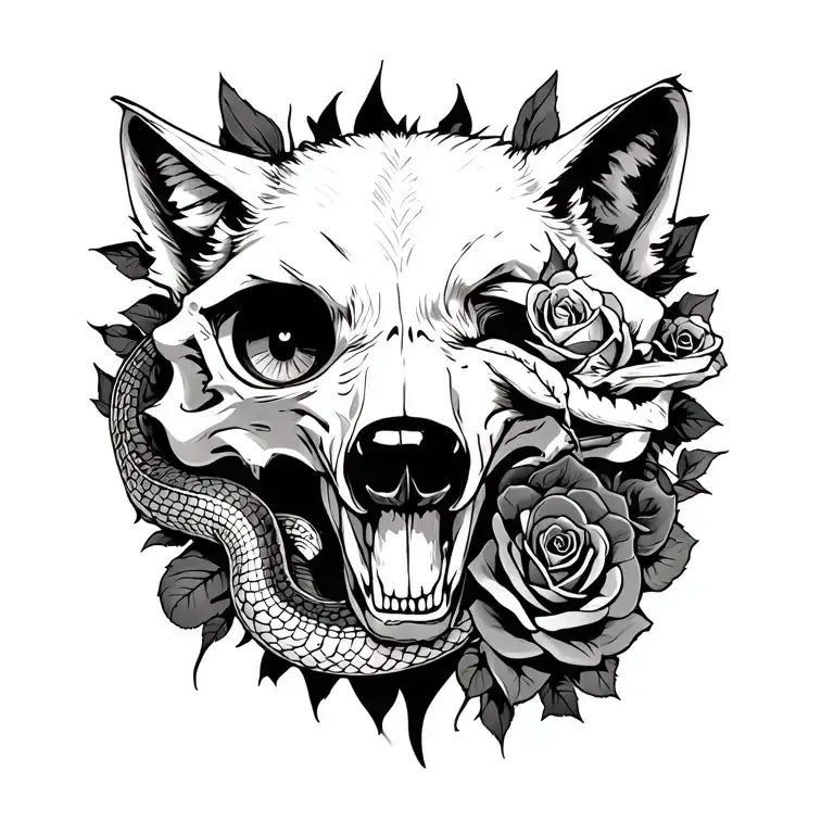 Wolf Skull With A Snake Coming Out His Eye With Rose's