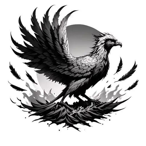 Phoenix Rising From Ashes Symbolizing Rebirth With Feathers Floating Away