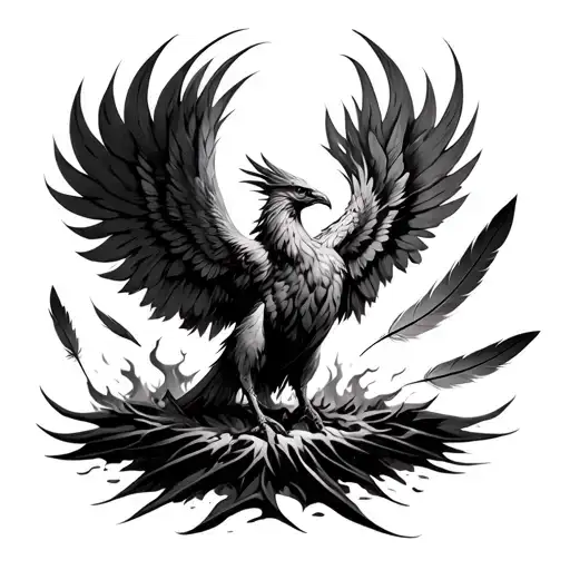Phoenix Rising From Ashes Symbolizing Rebirth With 2 Feathers Floating Away For Lost Babies