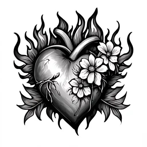 Heart With Flowers And Fire Around Knee