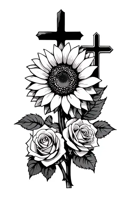 Sunflower And Roses With Cross