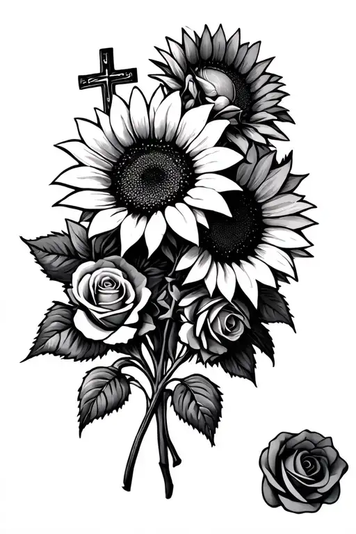 Bouquet Of Sunflower And Roses With Cross