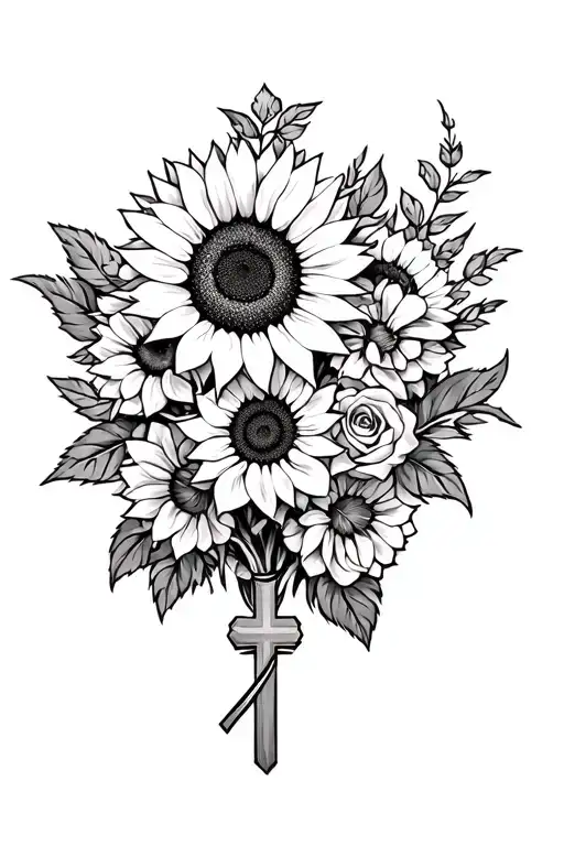 Bouquet Of Sunflower And Roses With Cross In The Middle
