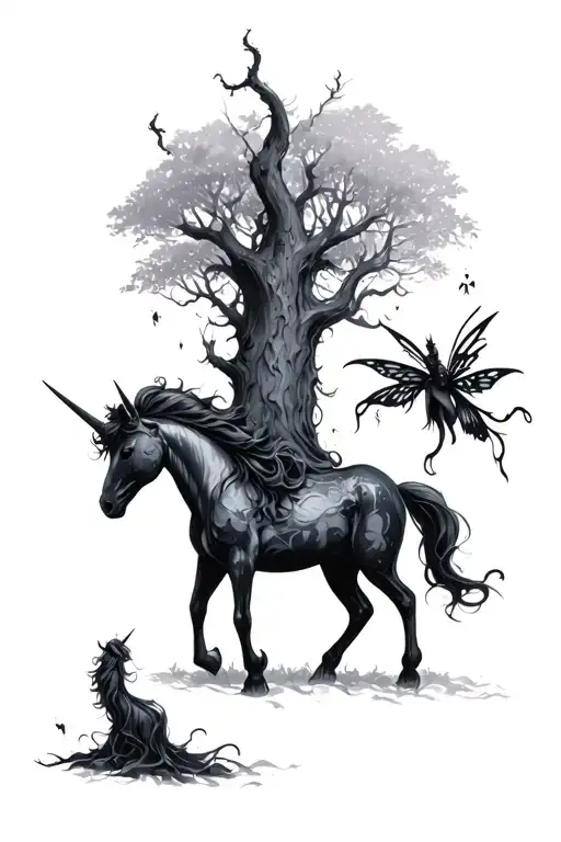 Dark Forest With A Black Unicorn And Evil Faery