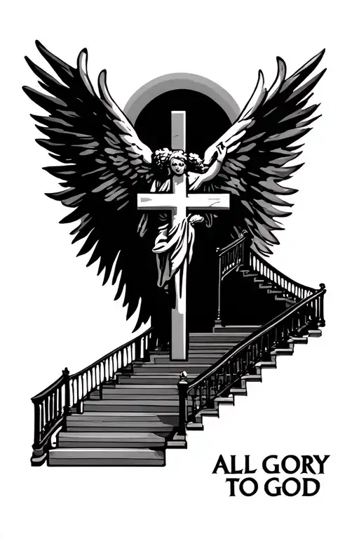 Stairway To Heaven With 3 Crosses Horizontaly With An Angel And The Words All Glory To God