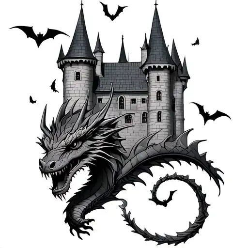 Castle With Dragon And Bats