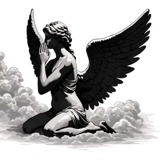 Modern Angel Kneeling Praying In Clouds From The Side