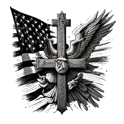 American Flag And Us Constitution Behind Cross