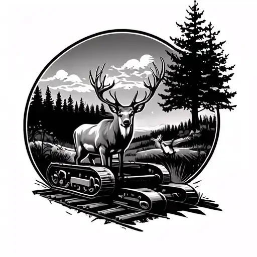 Track Hoe With Deer Scene