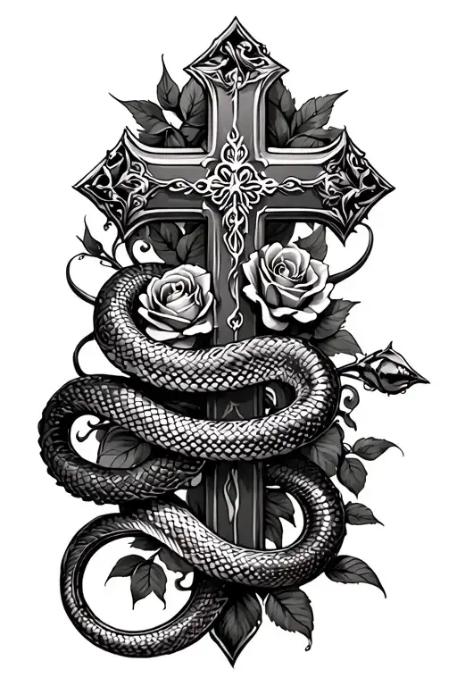 Back Tattoo With A Cross Wrapped With A Snake And Roses