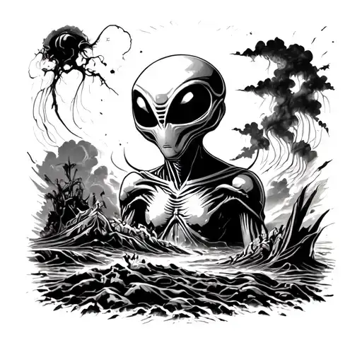 Tattoo Stencil Vintage Framed Photo Of Alien With A Natural Disaster In Background