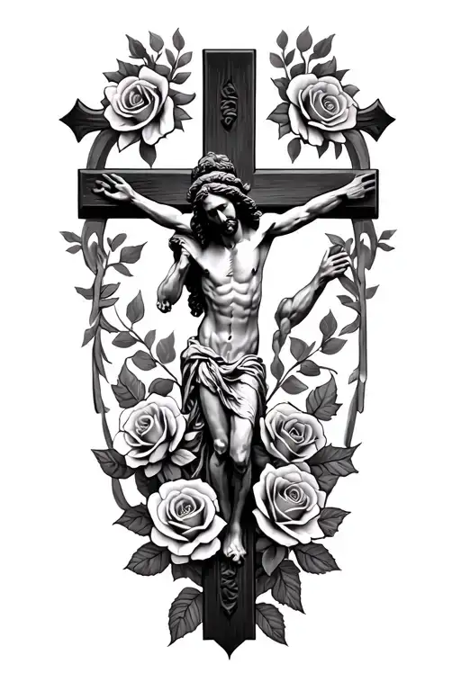 Cross With Jesus Christ And Roses