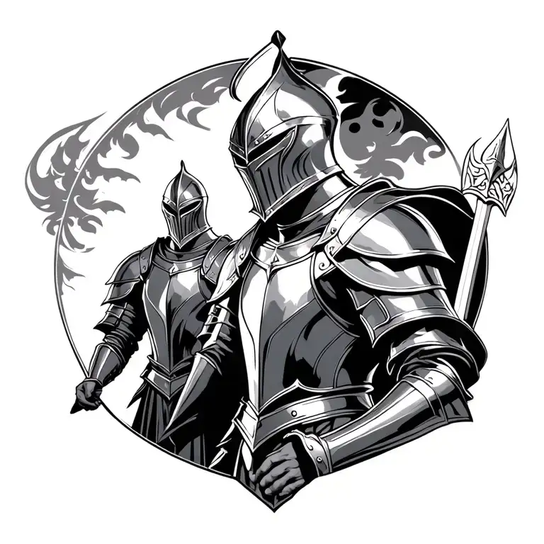 Medieval Knight Standing In Front Of A Identical Darker Knight
