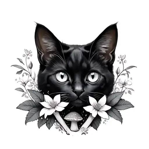 Black Cat Portrait With Flowers And Mushrooms
