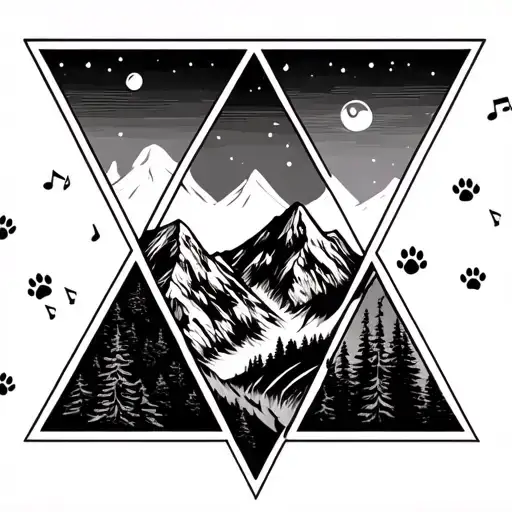 5 Triangles Representing Mountains Add Music And Wolf Paw Prints