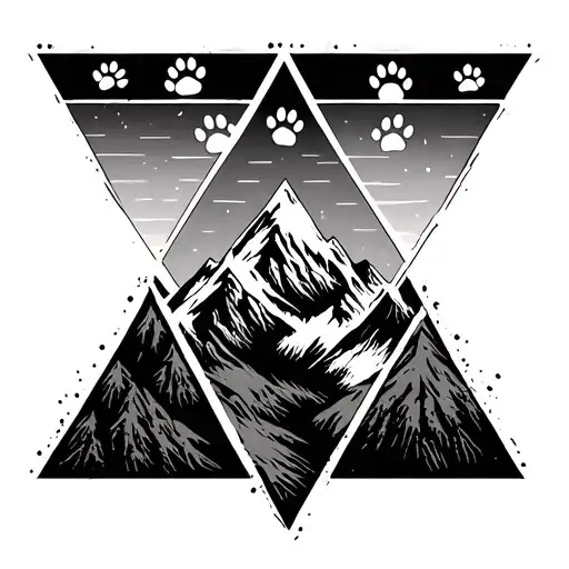 5 Triangles Representing Mountains Add Wolf Paw Prints In Minimalist Style